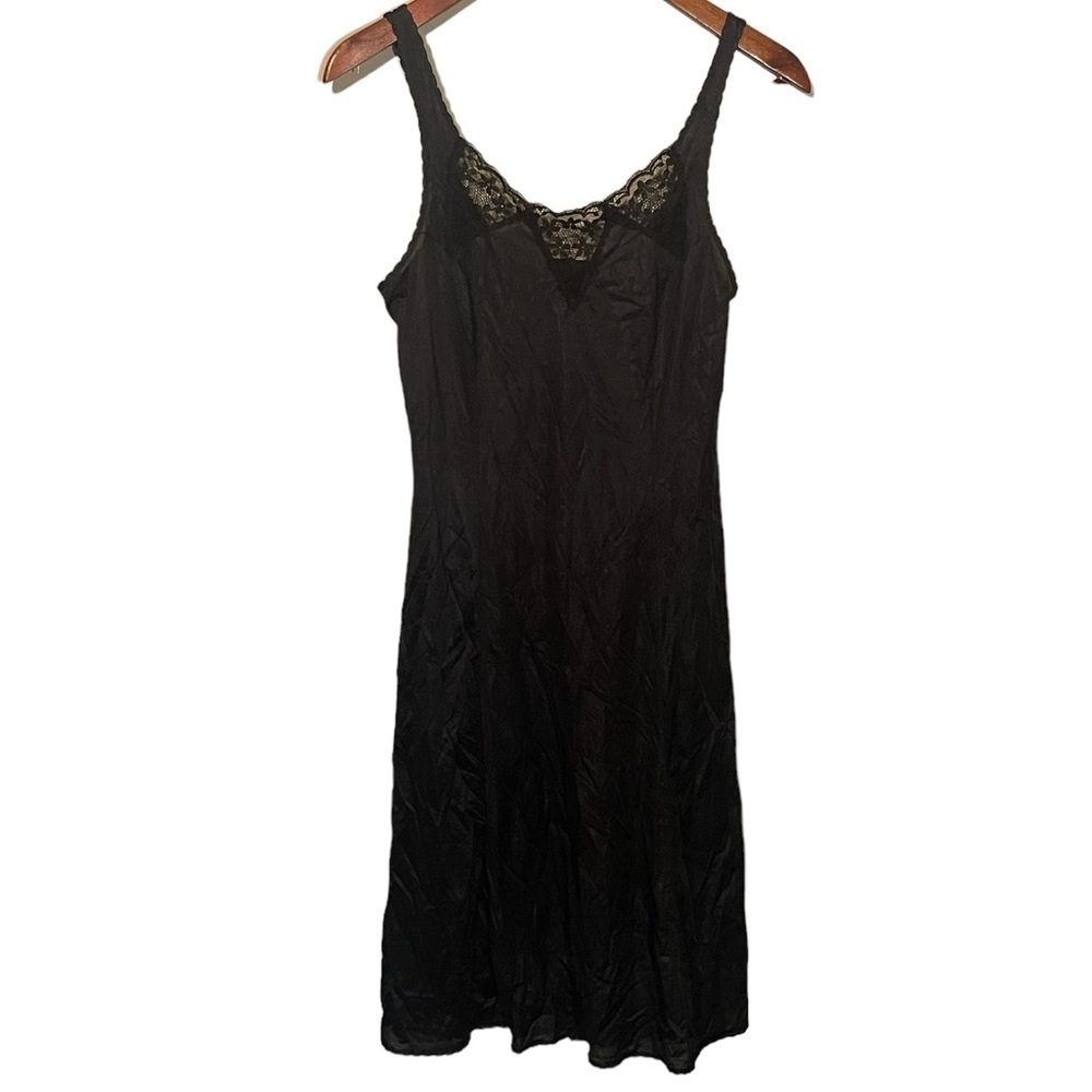 Vintage 1970s Janice Young for Papillon Blanc Black Slip Dress Size 34